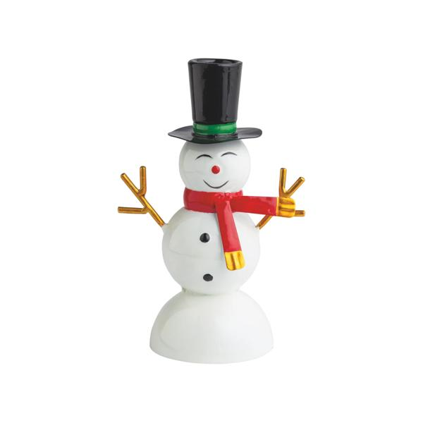 Glossy tin snowman taper candle holder with a black top hat, red scarf, and gold stick arms.