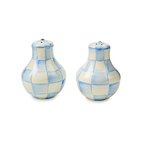 Hand-glazed steel salt shaker with hand-painted sky blue check pattern on a cylindrical silhouette.