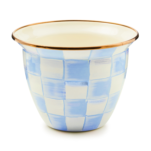 Large steel flower pot with sky blue checkered hand-painted pattern on a bronzed stainless steel rim.