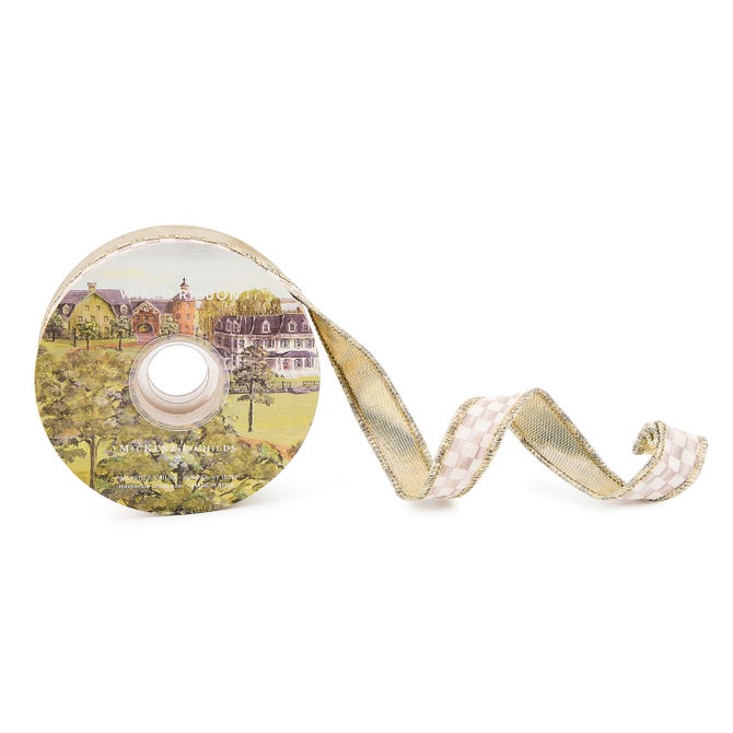 1 inch wide mocha and white checkered wired ribbon with gold metallic edges on a spool.