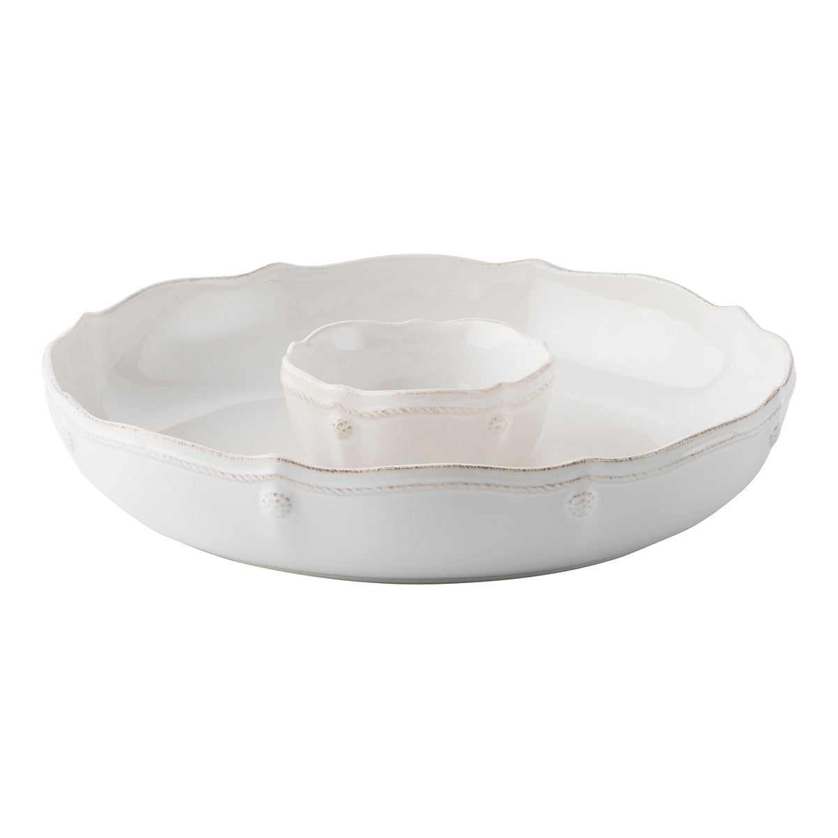 Berry & Thread Whitewash ceramic chip and dip set with scalloped edges and berry motif.