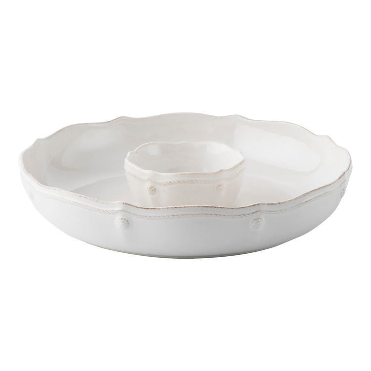 Berry & Thread Whitewash ceramic chip and dip set with scalloped edges and berry motif.
