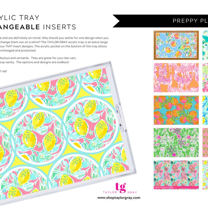 Taylor Gray acrylic tray with interchangeable lemon pattern insert.