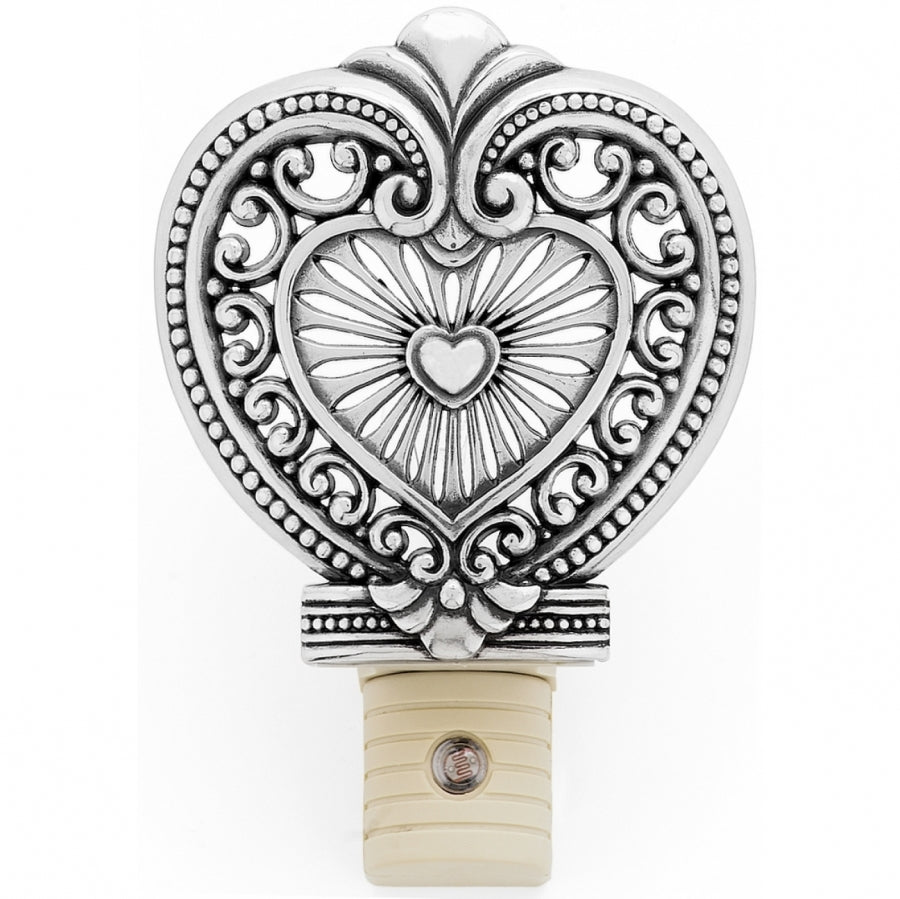 Bright Heart Nightlight in silver-plated finish with intricate filigree and heart-shaped design.