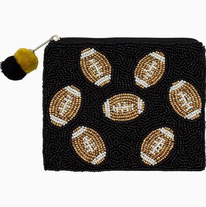 Black beaded pouch featuring seven gold and white beaded footballs and a black and yellow pom-pom.