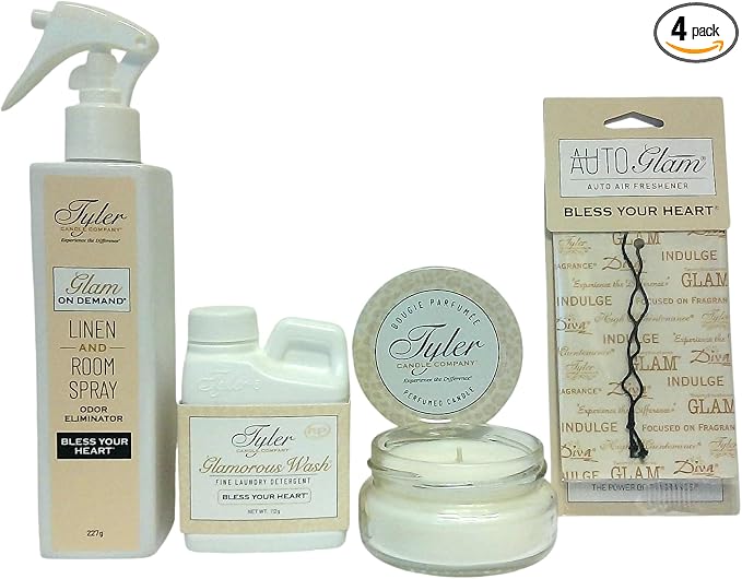 Glam Gift Suite VI featuring room spray, laundry detergent, jar candle, and car air freshener.