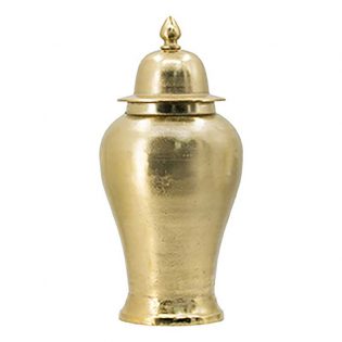 Gold aluminum trophy urn with removable lid designed as a standalone centerpiece.