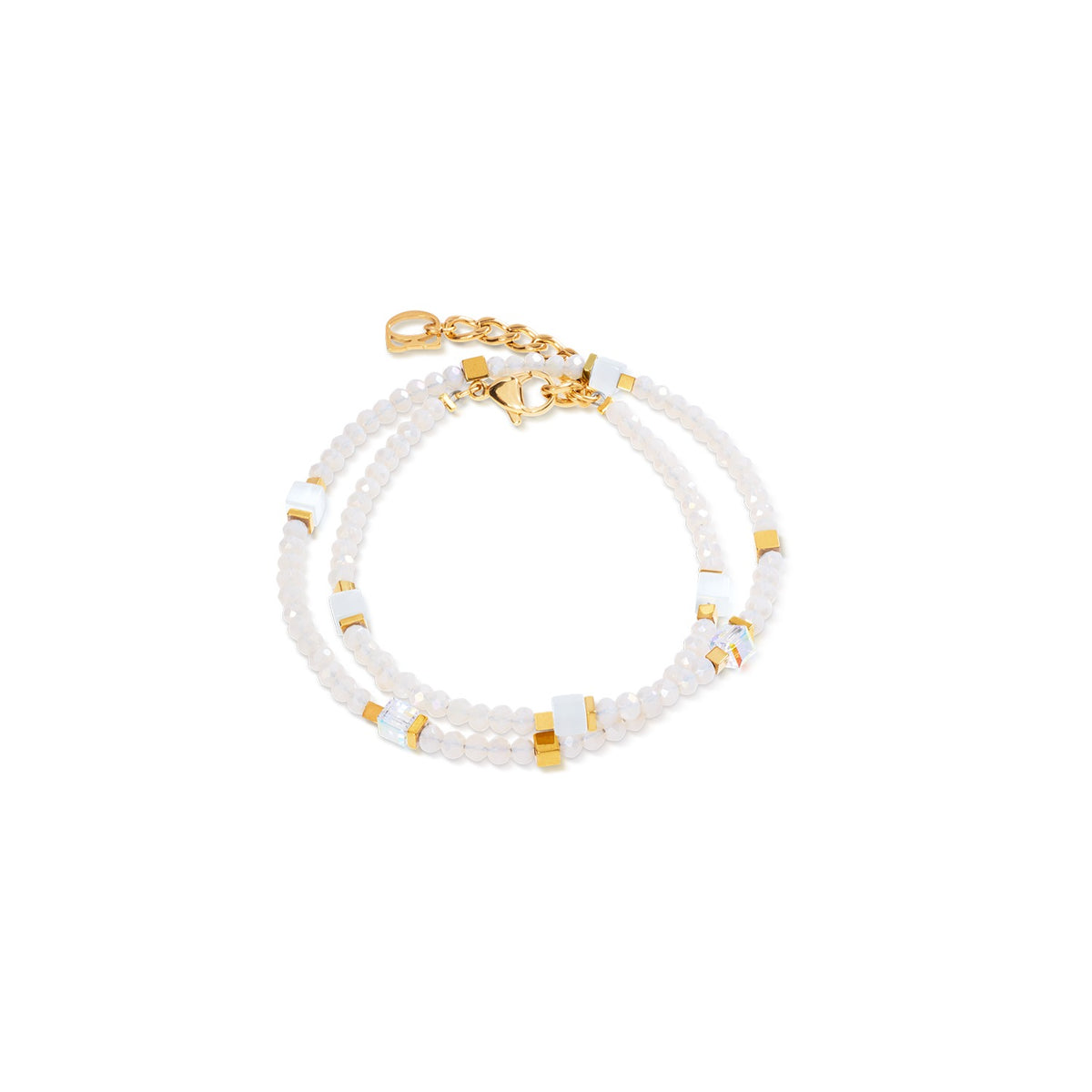 Joyful Colours Flex Bracelet with white faceted beads and gold-plated cube accents.
