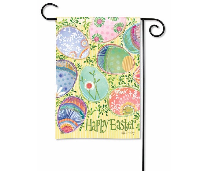 Yellow garden flag with colorful Easter eggs and green foliage. Text reads 'Happy Easter'.