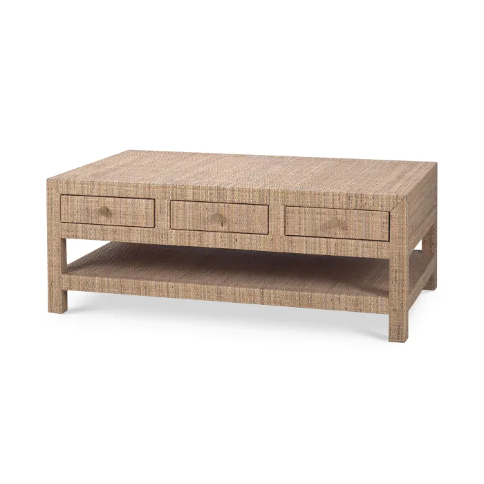 Natural rattan six-drawer coffee table with clean lines