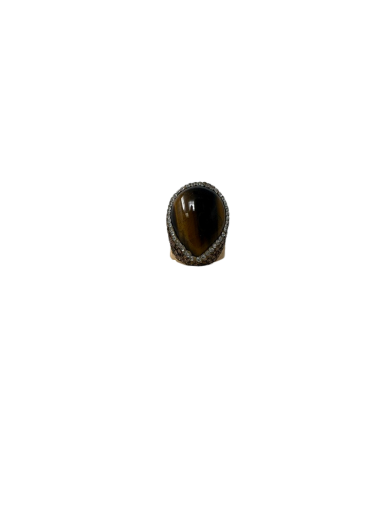 Queen of Sheba Fashion Ring featuring a teardrop tiger's eye stone with a crystal-encrusted border.