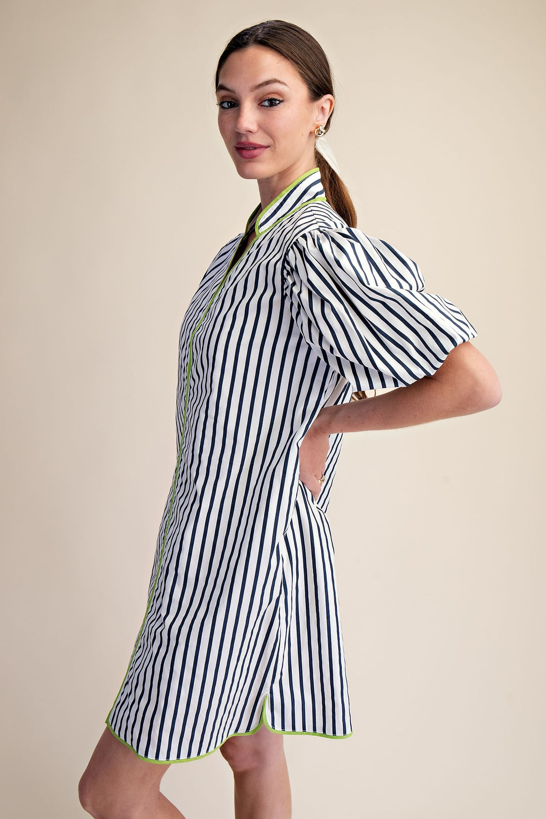 Aliyah Collar Neck Puff Sleeve Stripe Mini Dress