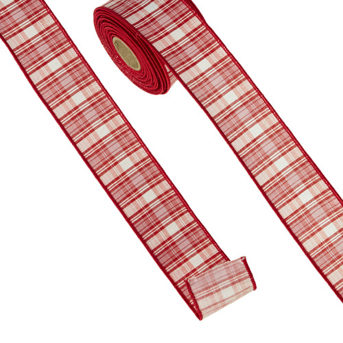 2.5 inch by 10 yards pink and red plaid wired ribbon on a roll.