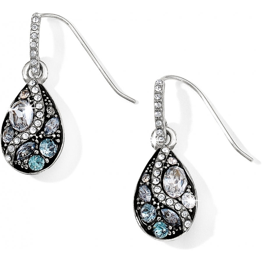 Silver-plated French wire earrings featuring aqua crystals on a suede drop with silver accents.