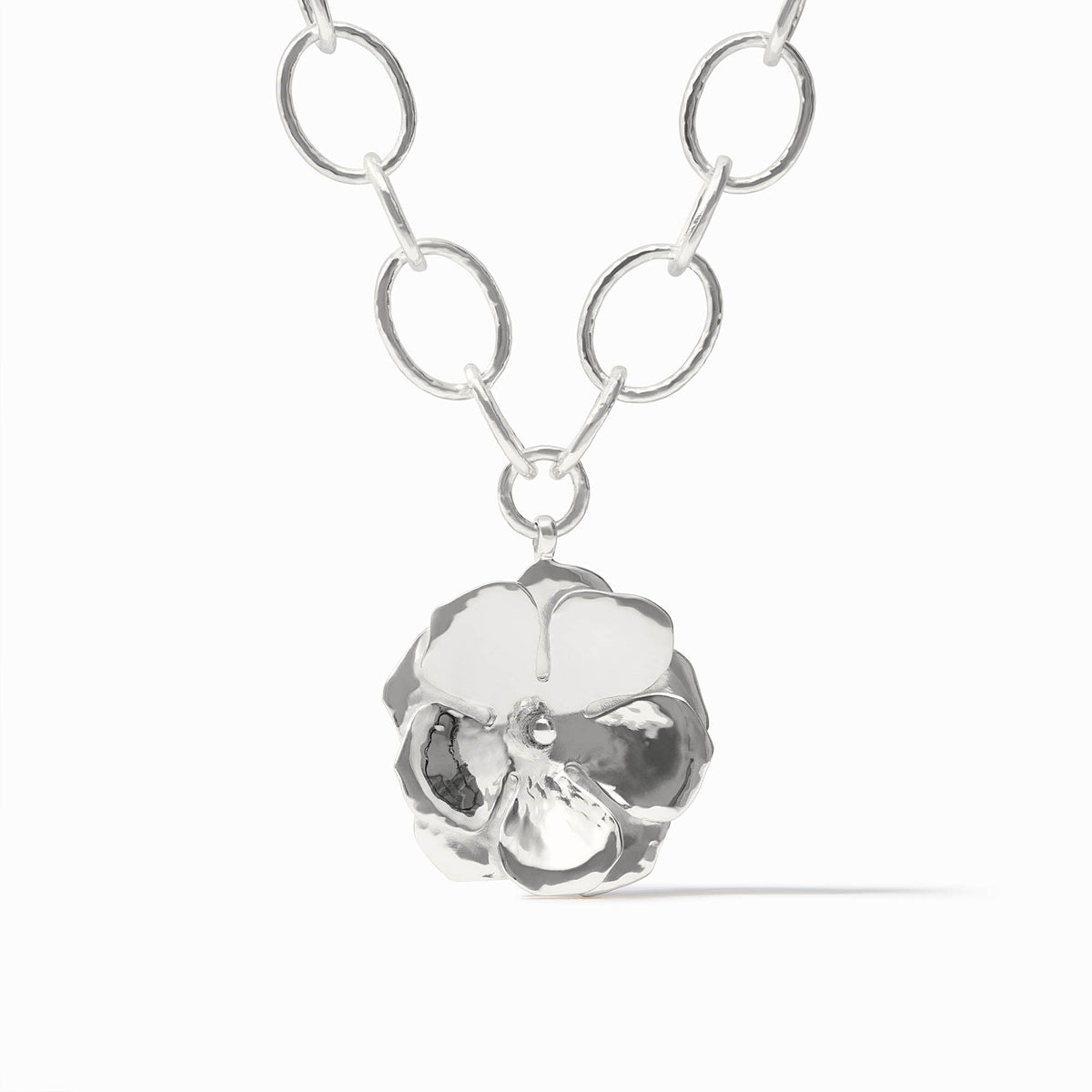 Adjustable silver plate necklace with a 1.7-inch pendant featuring the Julie Vos hallmark.