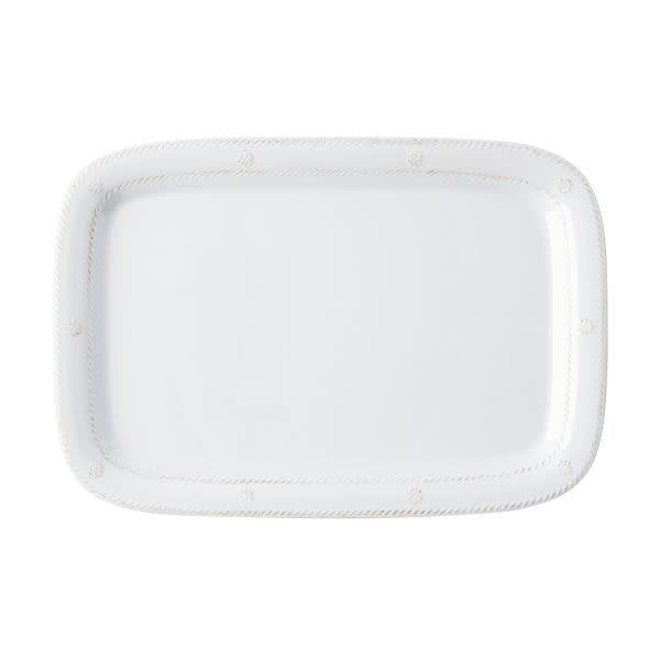 Rectangular melamine serving tray in whitewash with berry accents and thread trim