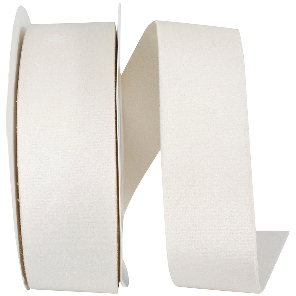 1.5 inch white double face luxe velvet ribbon on a spool.