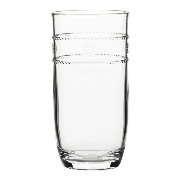 Clear acrylic beverage glass with Isabella motif featuring a subtle geometric pattern.
