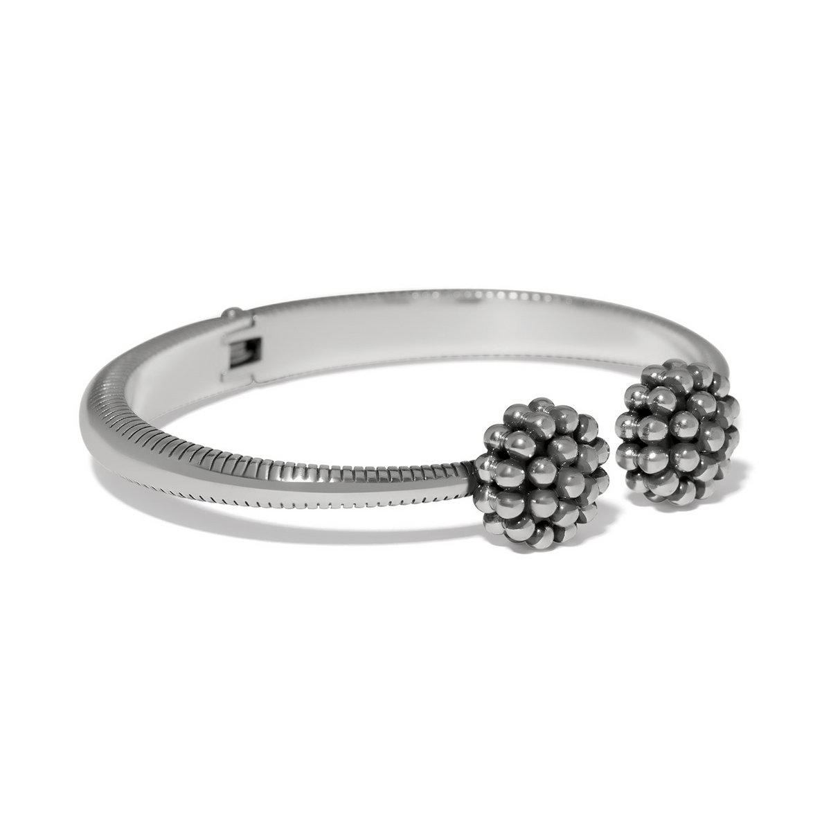 Silver Pretty Tough Blossom Open Hinged Bangle with textured band and beaded floral ends.