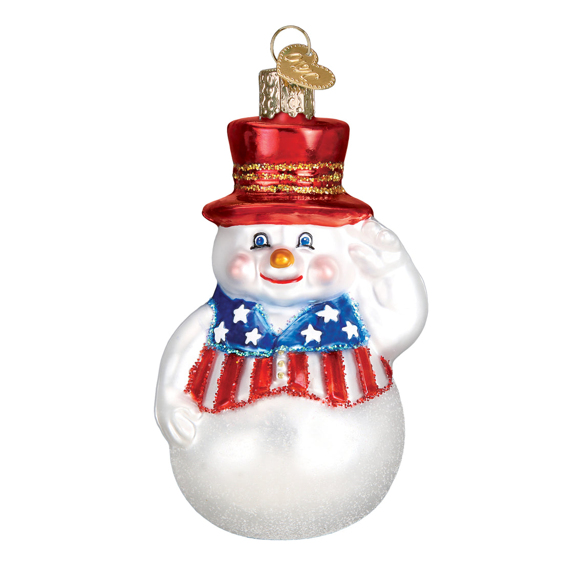 Patriotic snowman glass ornament wearing a red top hat and an American flag vest.