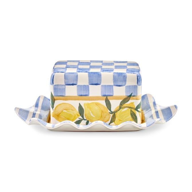 Mackenzie Childs Cheese Gal ceramic butter dish with blue cheese pattern silhouette