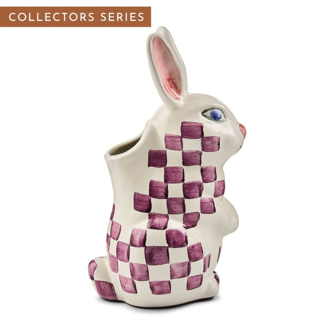 Hand-painted ceramic rabbit vase with purple checkered pattern in Aurora NY style
