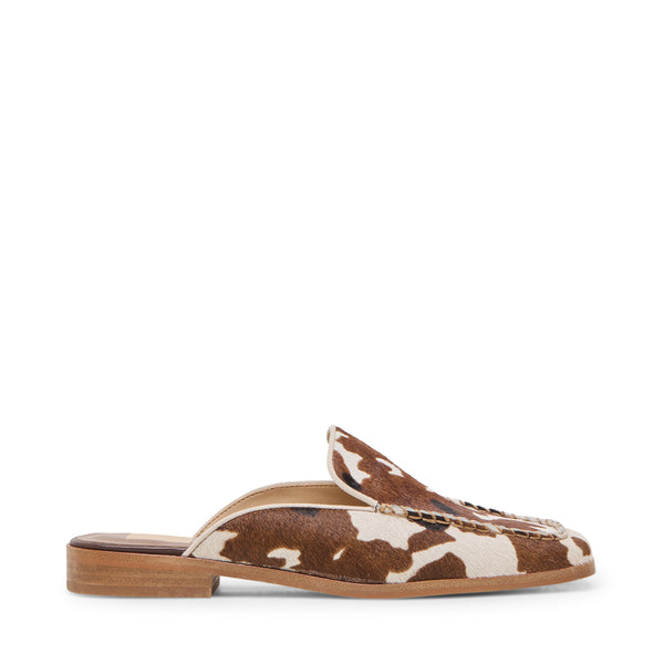 Bradly Sandal mule with a brown and white cow print calf hair upper and a low wooden heel.