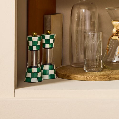Hand-glazed steel Emerald Check grinder with acrylic body and ceramic grinding chamber.