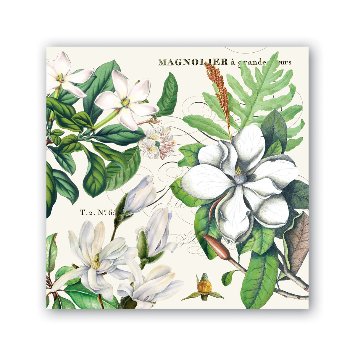 White triple-ply cocktail napkin featuring a delicate magnolia petal pattern printed in soft pink and green.