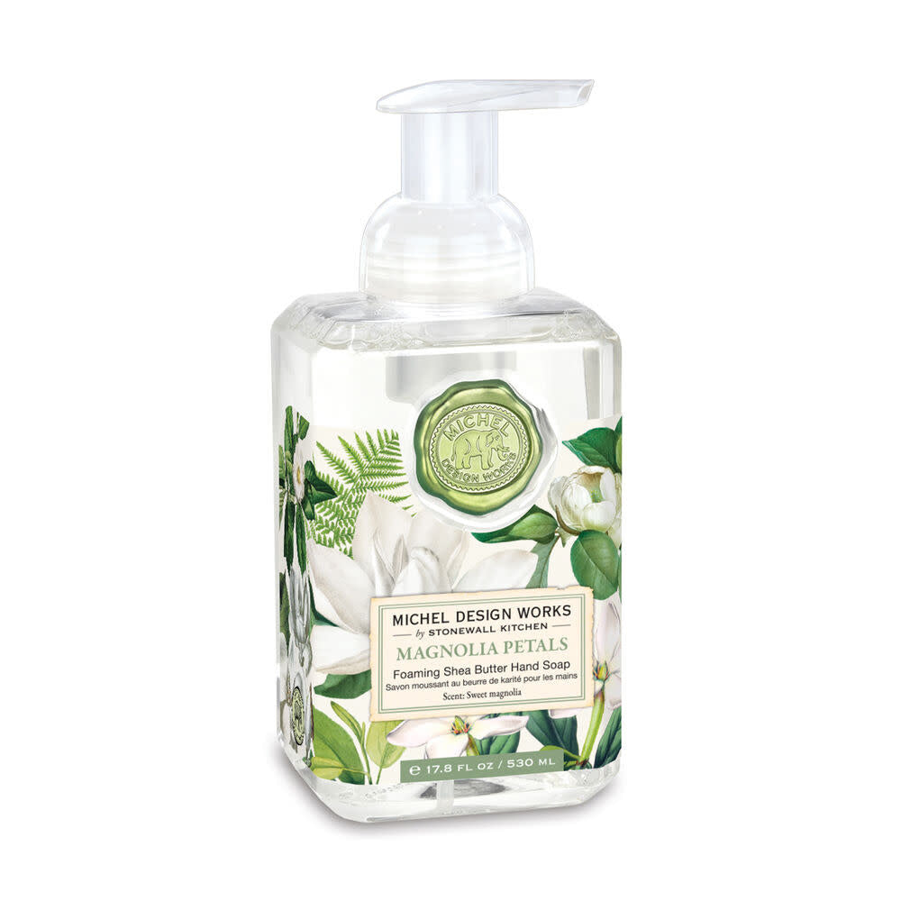 Magnolia Petals foaming hand soap in a clear bottle with white liquid.