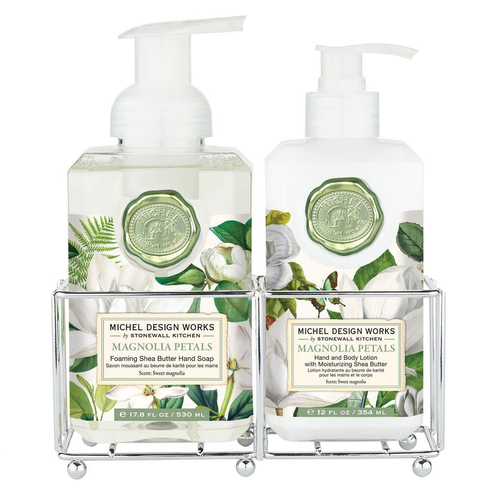 Hand Care Caddy containing foaming hand soap and lotion with a magnolia petals floral pattern.