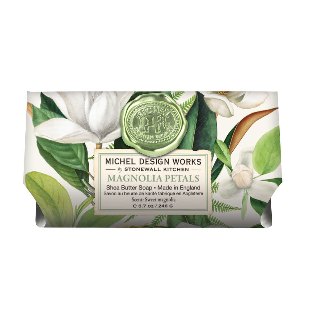 Large bath soap bar with a magnolia petals floral pattern in soft pastel tones.