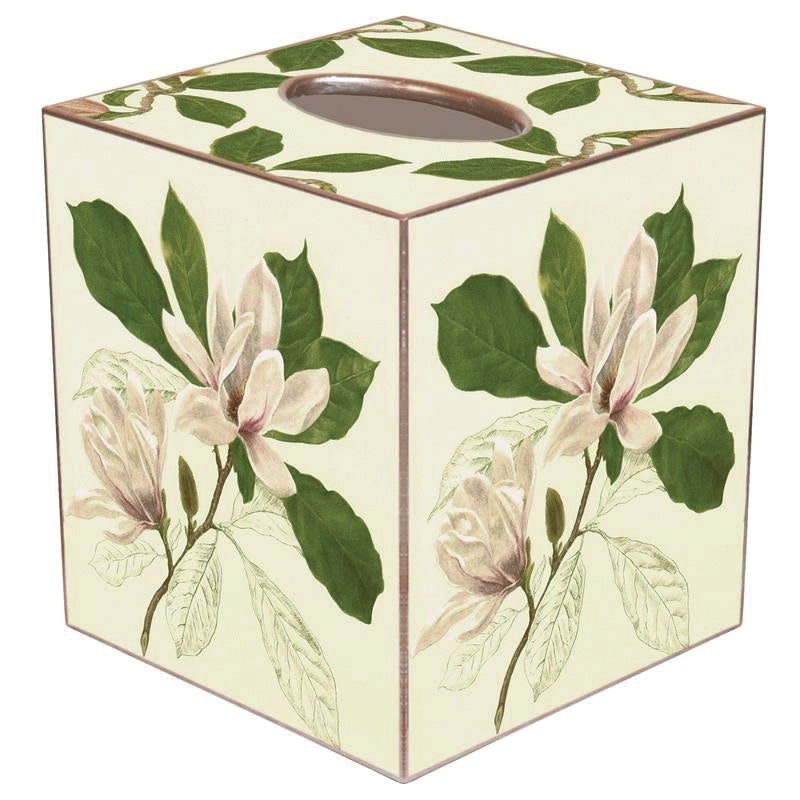 Hand-cut paper mache tissue box cover with gold-painted edges