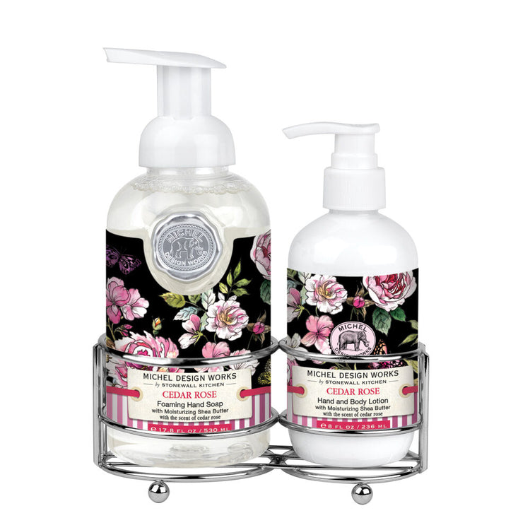 Foaming hand soap dispenser with pump next to a matching lotion bottle in neutral tones.