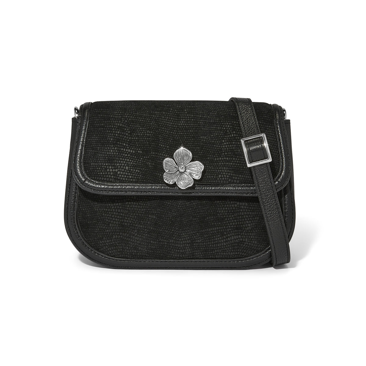 Black embossed baby croc leather crossbody bag with a silver flower ornament and adjustable strap.