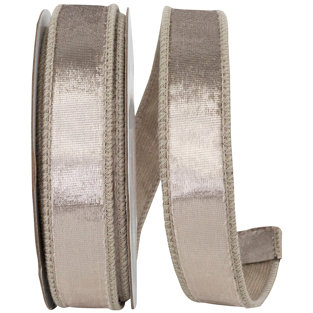 1 inch designer plush velvet elite wired edge ribbon in taupe on a spool.