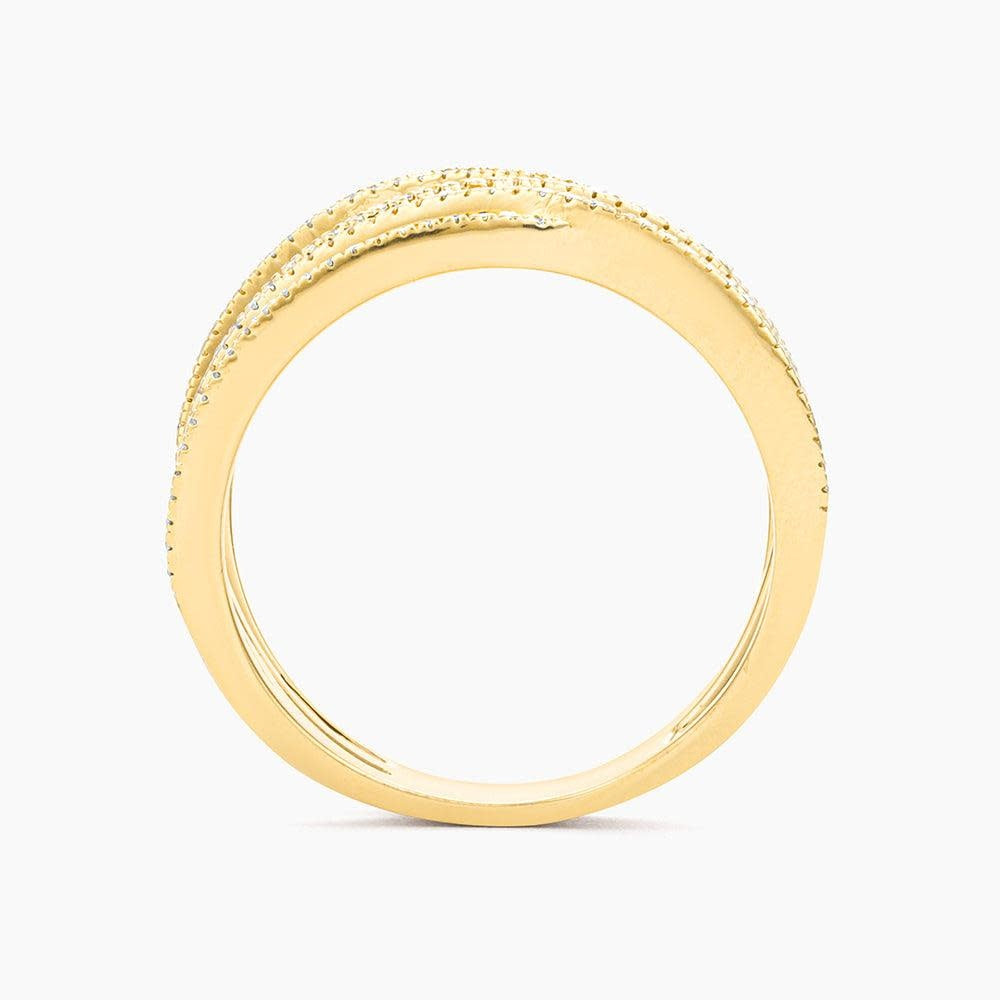 Gold statement ring with a wide band featuring brilliant diamonds representing interconnected relationships.