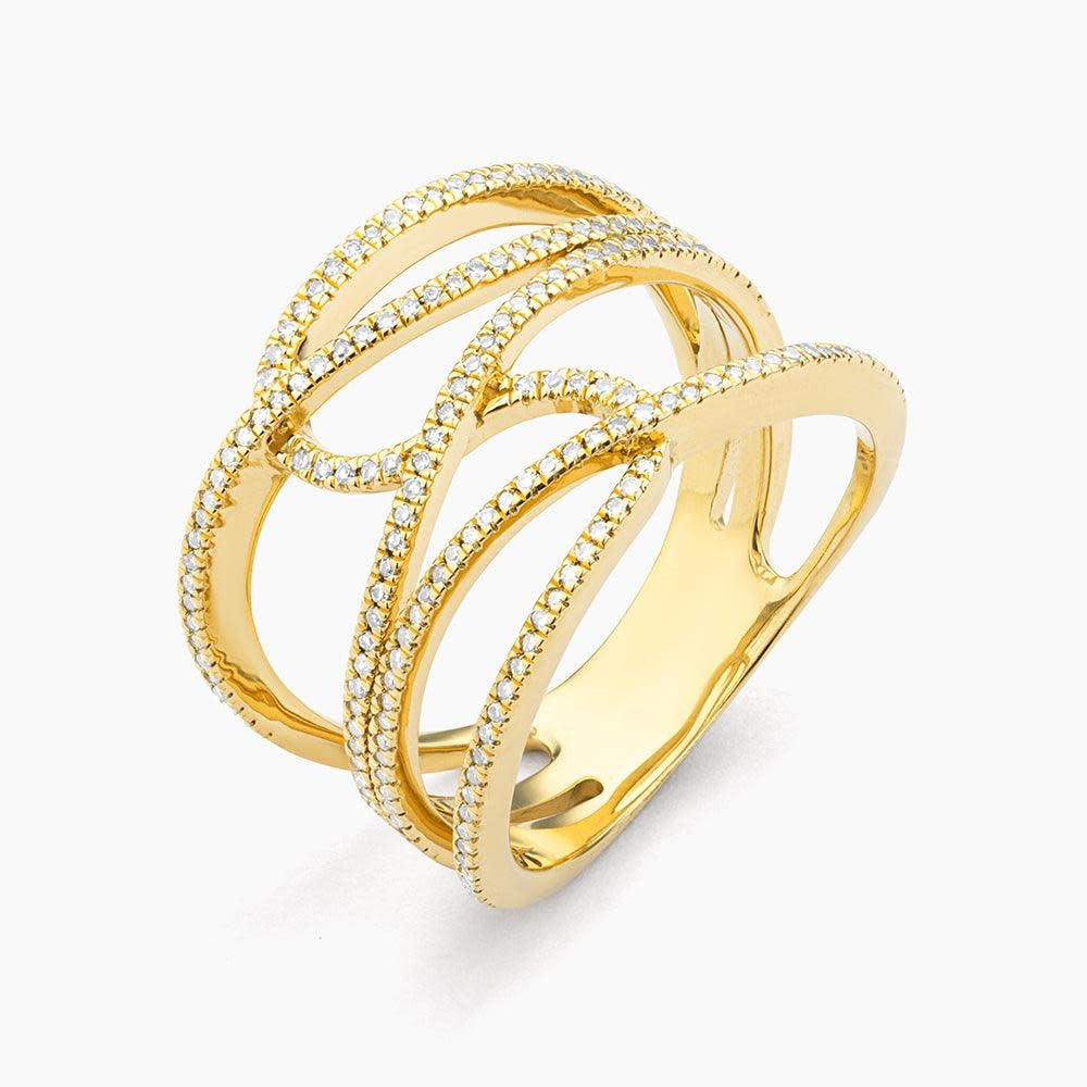 Silver statement ring with a wide band featuring brilliant diamonds representing interconnection.