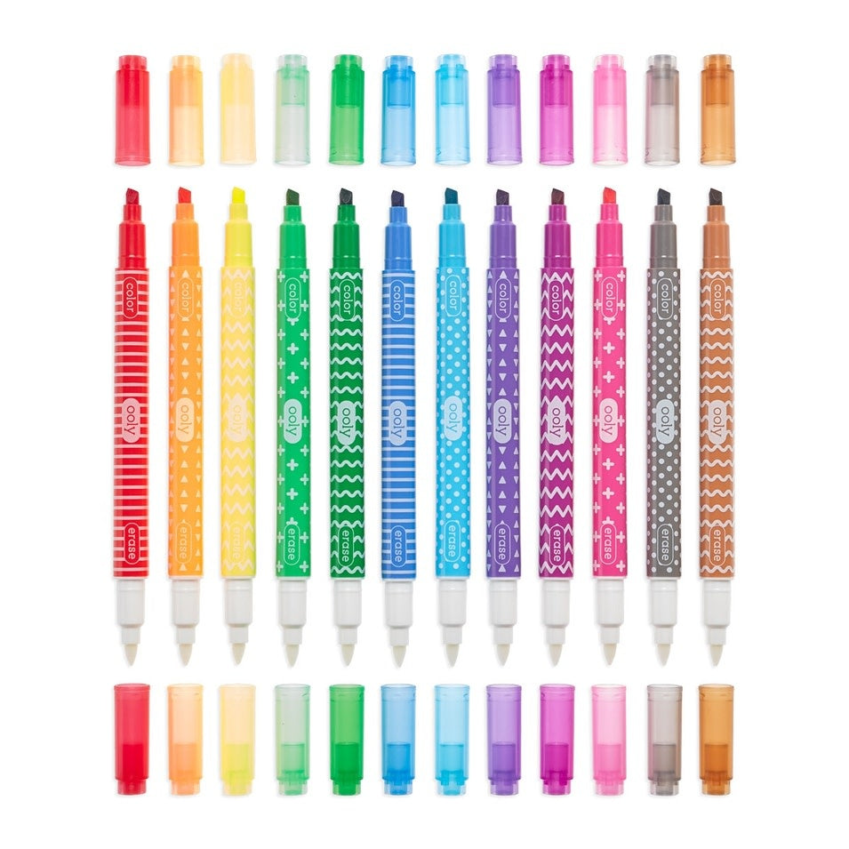 Set of twelve Make No Mistake double-sided erasable markers with chisel and round tips in assorted colors.