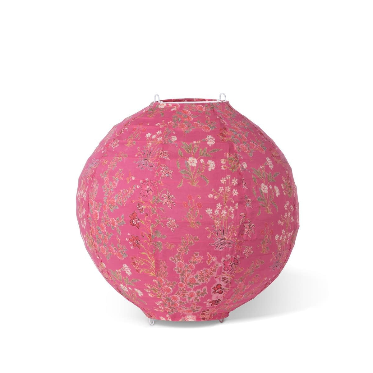 Small Malabar hanging lantern in dark pink cotton with ornate floral pattern.