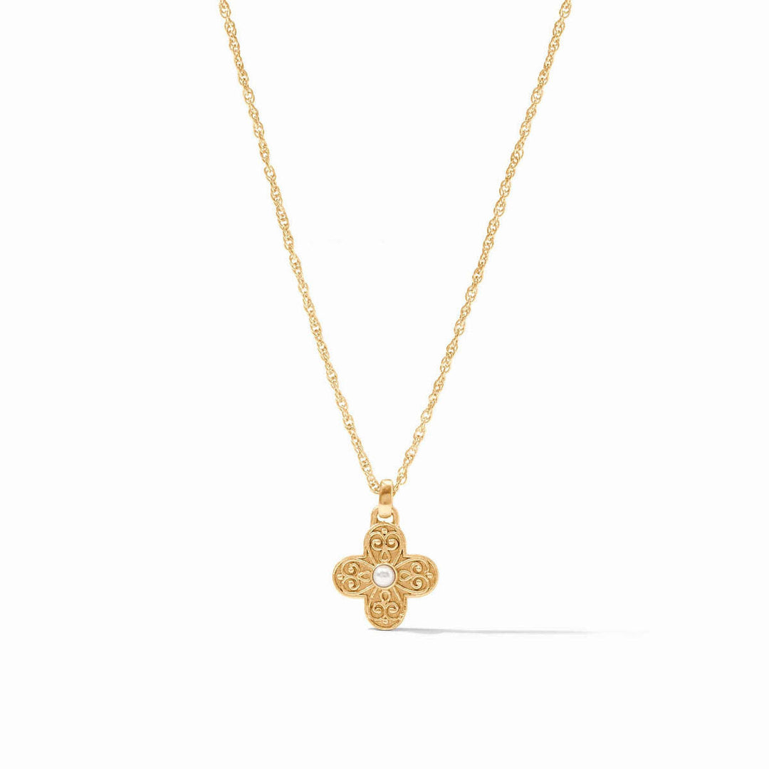 Gold cross pendant necklace with domed shell pearl center and floral filigree on rope chain