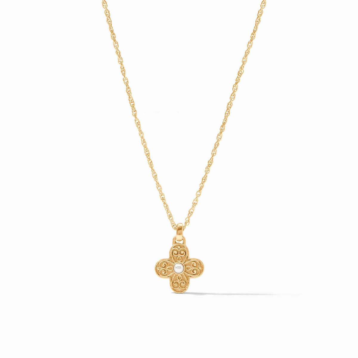 Gold cross pendant necklace with domed shell pearl center and floral filigree on rope chain