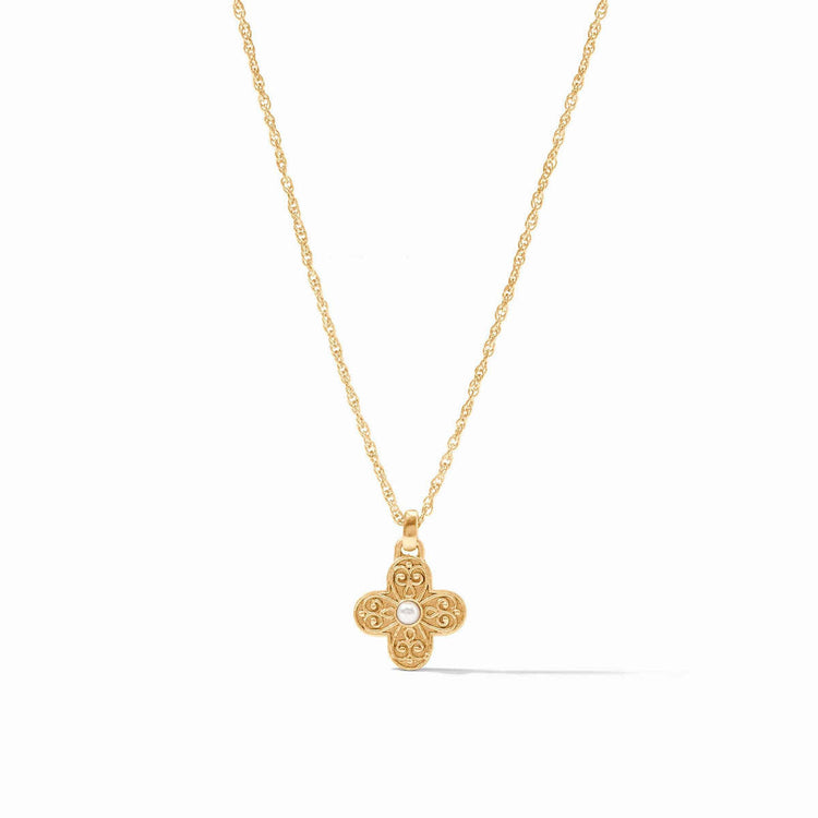 Gold cross pendant necklace with domed shell pearl center and floral filigree on rope chain