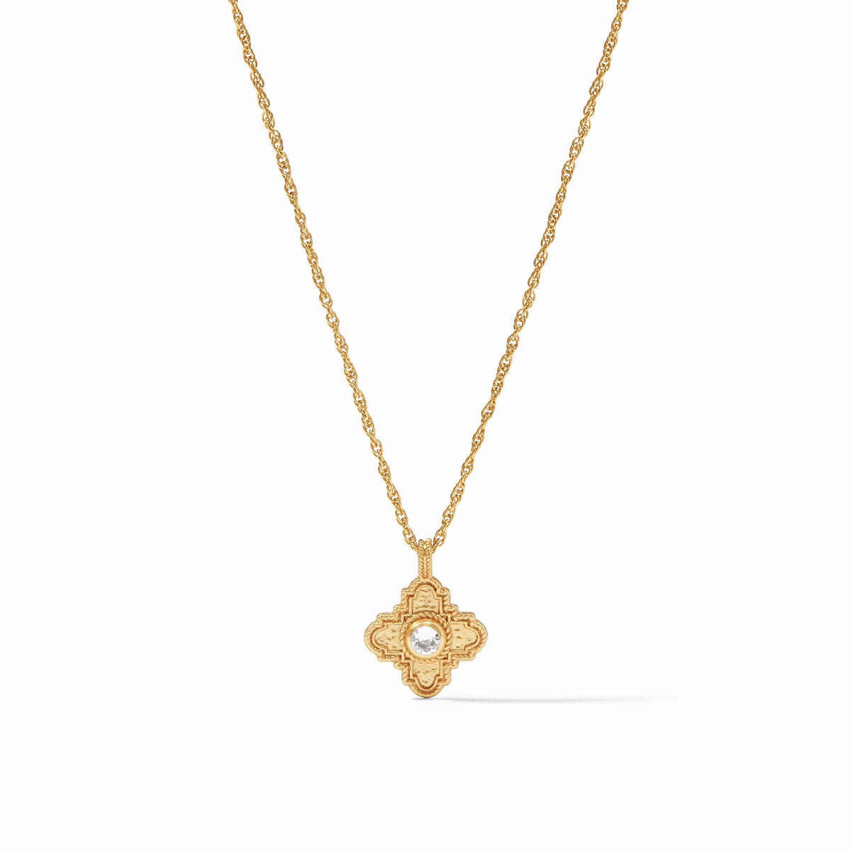 Delicate rope chain necklace featuring a quadrate cross with twisted golden wire and a round faceted gemstone.