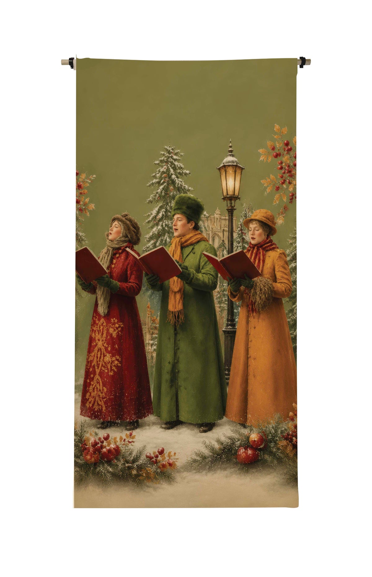 Canvas scroll featuring three Victorian-style carollers in red, green, and orange coats singing.
