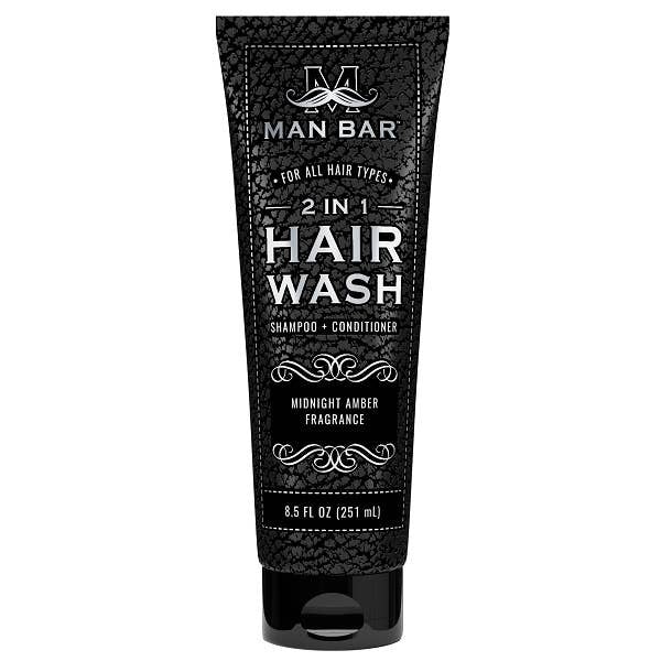 Man Bar Midnight Amber two-in-one hair wash bottle with pump dispenser