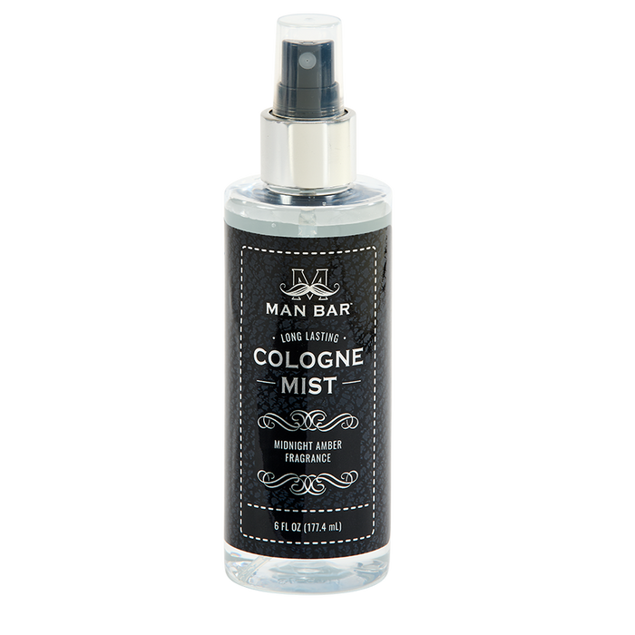 Midnight Amber Man Bar Cologne Mist bottle with a sleek black glass body and silver cap.
