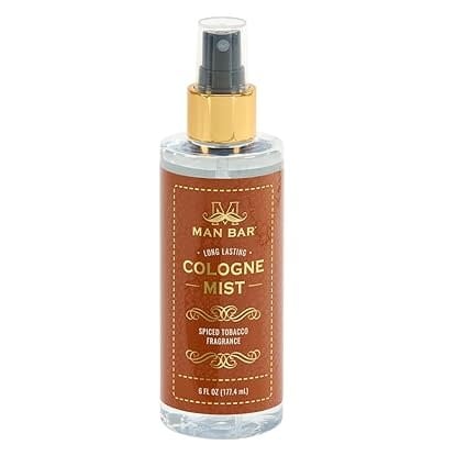 Man Bar Cologne Mist bottle with spiced tobacco scent in a clear glass container.