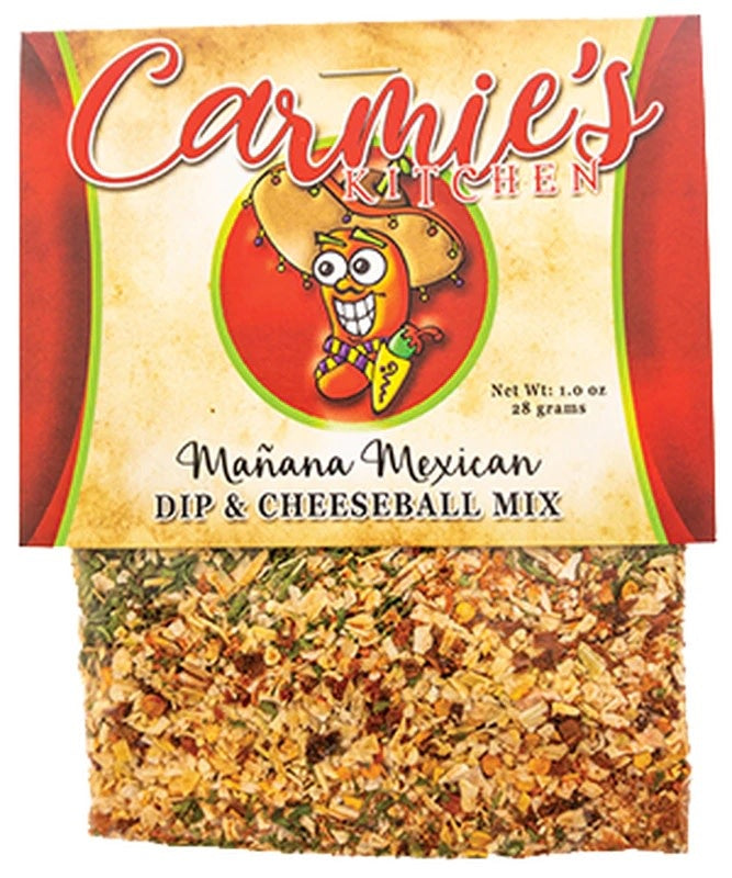 Bag of Mañana Mexican Dip Mix with red and green seasoning powder visible through clear packaging.