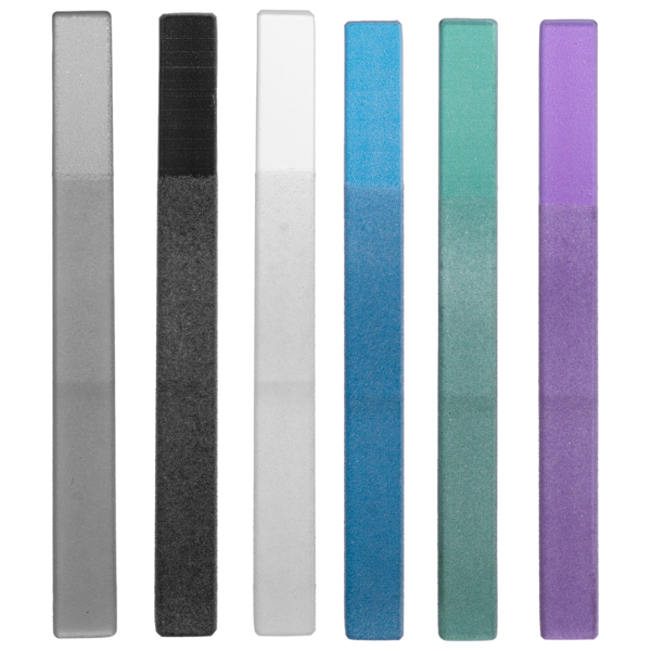 Glass nail file with a transparent handle and fine abrasive surface.